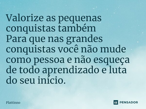 ⁠Valorize as pequenas conquistas também Para que nas grandes conquistas você não mude como pessoa e não esqueça de todo aprendizado e luta do seu início.... Frase de Plattinno.