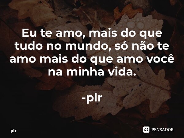 ⁠Eu te amo, mais do que tudo no mundo, só não te amo mais do que amo você na minha vida. -plr... Frase de plr.