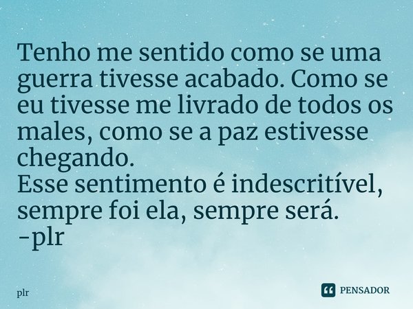 ⁠Tenho me sentido como se uma guerra tivesse acabado. Como se eu tivesse me livrado de todos os males, como se a paz estivesse chegando. Esse sentimento é indes... Frase de plr.