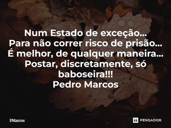⁠Num Estado de exceção... Para não correr risco de prisão... É melhor, de qualquer maneira... Postar, discretamente, só baboseira!!! Pedro Marcos... Frase de PMarcos.
