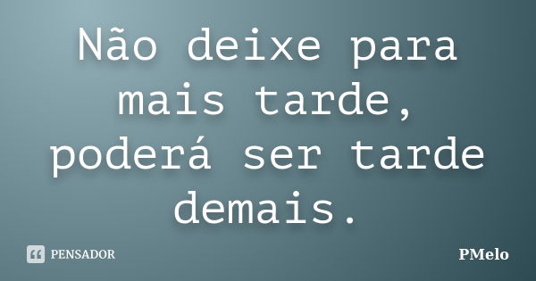 Não deixe para mais tarde, poderá ser tarde demais.... Frase de Pmelo.