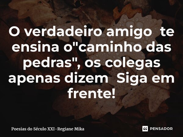 ⁠O verdadeiro amigo te ensina o "caminho das pedras", os colegas apenas dizem Siga em frente!... Frase de Poesias do Século XXI-Regiane Mika.