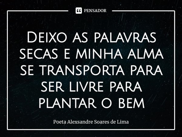 ⁠Deixo as palavras secas e minha alma se transporta para ser livre para plantar o bem... Frase de Poeta Alexsandre Soares de Lima.