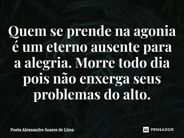 ⁠Quem se prende na agonia é um eterno ausente para a alegria. Morre todo dia pois não enxerga seus problemas do alto.... Frase de Poeta Alexsandre Soares de Lima.