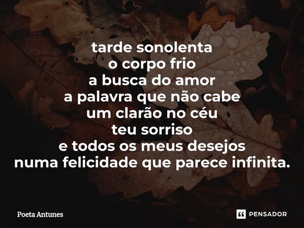 ⁠tarde sonolenta o corpo frio a busca do amor a palavra que não cabe um clarão no céu teu sorriso e todos os meus desejos numa felicidade que parece infinita.... Frase de Poeta Antunes.