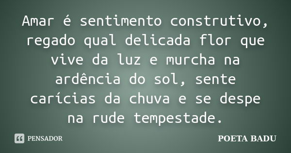 Amar é sentimento construtivo, regado qual delicada flor que vive da luz e murcha na ardência do sol, sente carícias da chuva e se despe na rude tempestade.... Frase de poeta Badu.