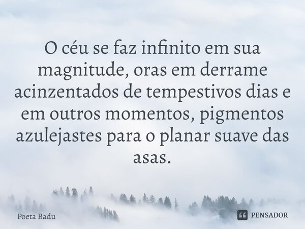 ⁠O céu se faz infinito em sua magnitude, oras em derrame acinzentados de tempestivos dias e em outros momentos, pigmentos azulejastes para o planar suave das as... Frase de POETA BADU.