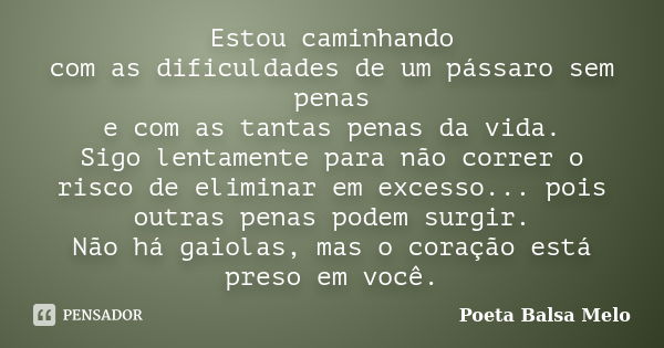 Estou caminhando com as dificuldades de um pássaro sem penas e com as tantas penas da vida. Sigo lentamente para não correr o risco de eliminar em excesso... po... Frase de Poeta Balsa Melo.