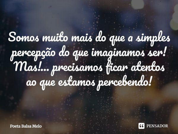 Somos muito mais do que a simples percepção do que imaginamos ser!
Mas!... precisamos ficar atentos ao que estamos percebendo!⁠... Frase de Poeta Balsa Melo.