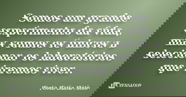Somos um grande experimento da vida, mas somos os únicos a selecionar os laboratórios que iremos viver.... Frase de Poeta Balsa Melo.