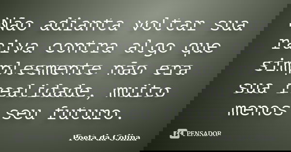 Não adianta voltar sua raiva contra algo que simplesmente não era sua realidade, muito menos seu futuro.... Frase de Poeta da Colina.