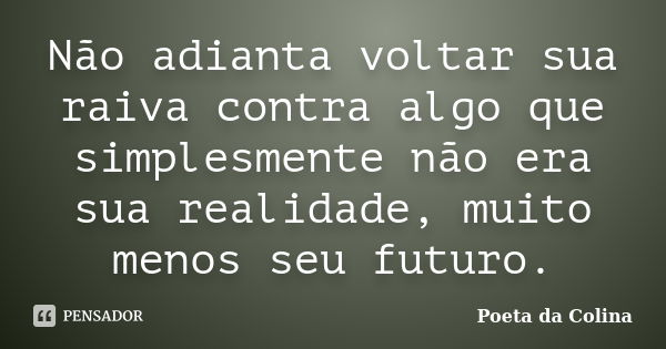 Não adianta voltar sua raiva contra algo que simplesmente não era sua realidade, muito menos seu futuro.... Frase de Poeta da Colina.