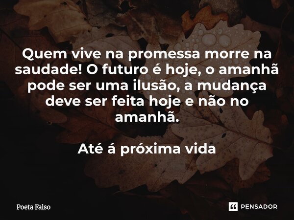 Quem vive na promessa morre na saudade! O futuro é hoje, o amanhã pode ser uma ilusão, a mudança deve ser feita hoje e não no amanhã. Até á próxima vida... Frase de Poeta Falso.