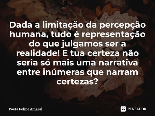 ⁠Dada a limitação da percepção humana, tudo é representação do que julgamos ser a realidade! E tua certeza não seria só mais uma narrativa entre inúmeras que na... Frase de Poeta Felipe Amaral.