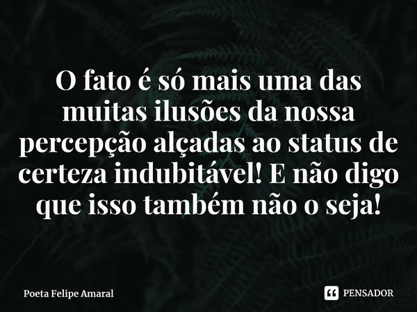 ⁠O fato é só mais uma das muitas ilusões da nossa percepção alçadas ao status de certeza indubitável! E não digo que isso também não o seja!... Frase de Poeta Felipe Amaral.