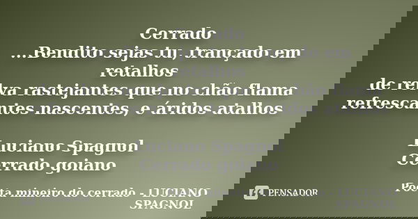 Cerrado ...Bendito sejas tu, trançado em retalhos de relva rastejantes que no chão flama refrescantes nascentes, e áridos atalhos Luciano Spagnol Cerrado goiano... Frase de Poeta mineiro do cerrado - LUCIANO SPAGNOL.