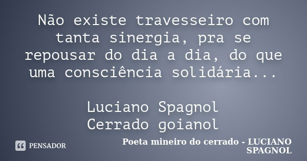 Não existe travesseiro com tanta sinergia, pra se repousar do dia a dia, do que uma consciência solidária... Luciano Spagnol Cerrado goianol... Frase de Poeta mineiro do cerrado - LUCIANO SPAGNOL.