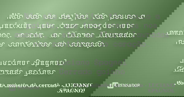 Não são os beijos tão pouco a paixão, que traz ensejos nos amores, e sim, as flores lavradas nos canteiros do coração. Luciano Spagnol Cerrado goiano... Frase de Poeta mineiro do cerrado - LUCIANO SPAGNOL.