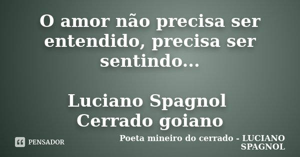 O amor não precisa ser entendido, precisa ser sentindo... Luciano Spagnol Cerrado goiano... Frase de Poeta mineiro do cerrado - LUCIANO SPAGNOL.