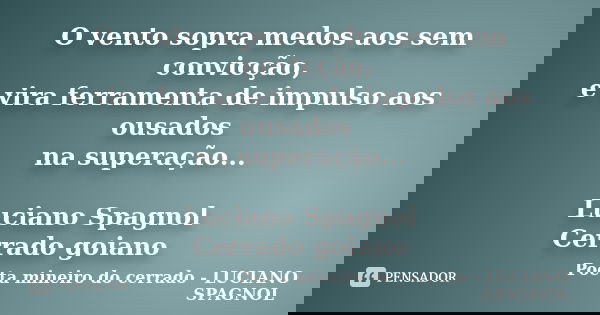 O vento sopra medos aos sem convicção, e vira ferramenta de impulso aos ousados na superação... Luciano Spagnol Cerrado goiano... Frase de Poeta mineiro do cerrado - LUCIANO SPAGNOL.