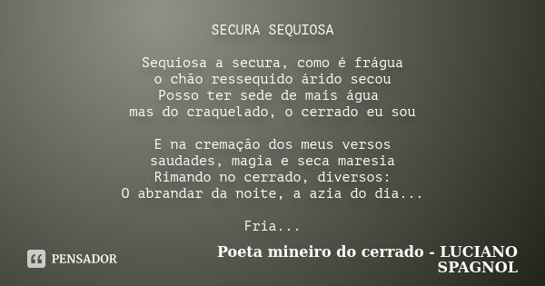 SECURA SEQUIOSA Sequiosa a secura, como é frágua o chão ressequido árido secou Posso ter sede de mais água mas do craquelado, o cerrado eu sou E na cremação dos... Frase de Poeta mineiro do cerrado - LUCIANO SPAGNOL.