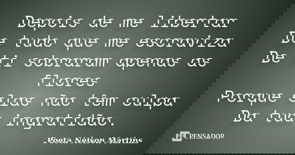 Depois de me libertar De tudo que me escraviza De ti sobraram apenas as flores Porque elas não têm culpa Da tua ingratidão.... Frase de Poeta Nelson Martins.