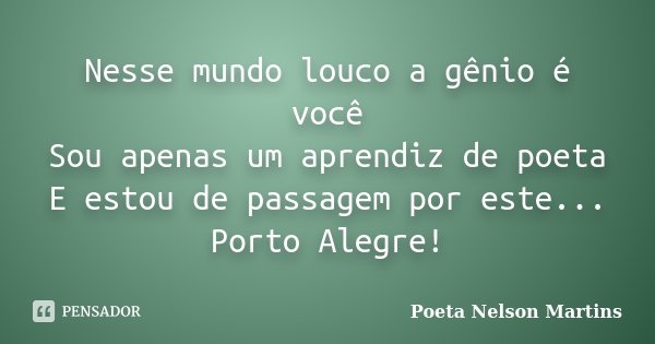 Nesse mundo louco a gênio é você Sou apenas um aprendiz de poeta E estou de passagem por este... Porto Alegre!... Frase de Poeta Nelson Martins.