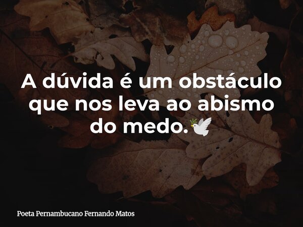 A dúvida é um obstáculo que nos leva ao abismo do medo.🕊... Frase de Poeta Pernambucano Fernando Matos.