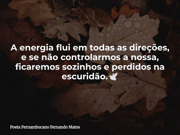 A energia flui em todas as direções, e se não controlarmos a nossa, ficaremos sozinhos e perdidos na escuridão.🕊... Frase de Poeta Pernambucano Fernando Matos.