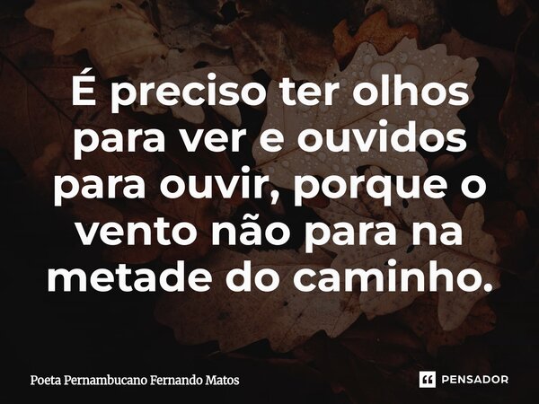 ⁠É preciso ter olhos para ver e ouvidos para ouvir, porque o vento não para na metade do caminho.... Frase de Poeta Pernambucano Fernando Matos.