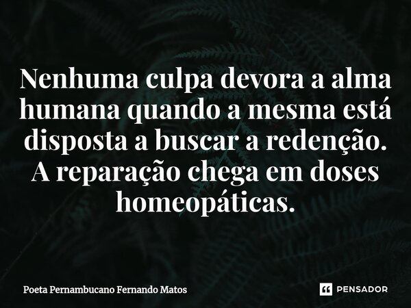 ⁠Nenhuma culpa devora a alma humana quando a mesma está disposta a buscar a redenção. A reparação chega em doses homeopáticas.... Frase de Poeta Pernambucano Fernando Matos.