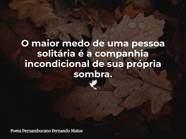 O maior medo de uma pessoa solitária é a companhia incondicional de sua própria sombra. 🕊... Frase de Poeta Pernambucano Fernando Matos.