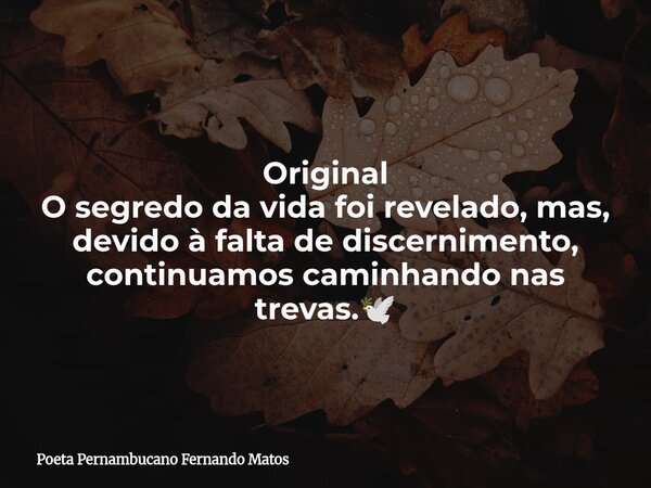 Original O segredo da vida foi revelado, mas, devido à falta de discernimento, continuamos caminhando nas trevas.🕊... Frase de Poeta Pernambucano Fernando Matos.