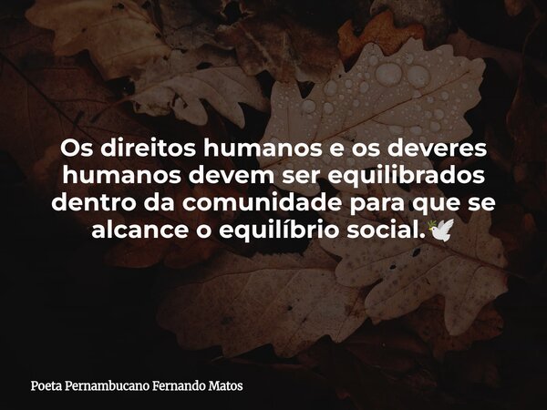Os direitos humanos e os deveres humanos devem ser equilibrados dentro da comunidade para que se alcance o equilíbrio social.🕊... Frase de Poeta Pernambucano Fernando Matos.