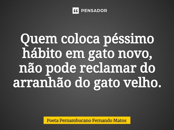 ⁠Quem coloca péssimo hábito em gato novo, não pode reclamar do arranhão do gato velho.... Frase de Poeta Pernambucano Fernando Matos.