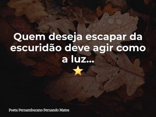 Quem deseja escapar da escuridão deve agir como a luz... ⭐️... Frase de Poeta Pernambucano Fernando Matos.