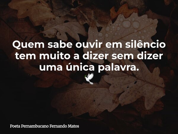 Quem sabe ouvir em silêncio tem muito a dizer sem dizer uma única palavra. 🕊... Frase de Poeta Pernambucano Fernando Matos.