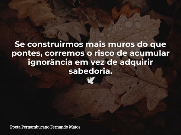 Se construirmos mais muros do que pontes, corremos o risco de acumular ignorância em vez de adquirir sabedoria. 🕊... Frase de Poeta Pernambucano Fernando Matos.