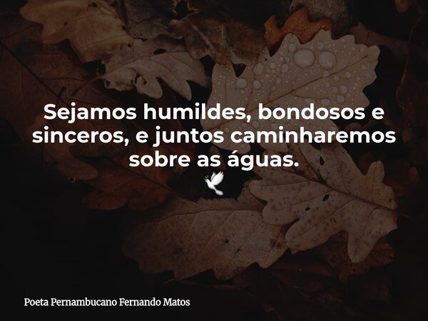 Sejamos humildes, bondosos e sinceros, e juntos caminharemos sobre as águas. 🕊... Frase de Poeta Pernambucano Fernando Matos.