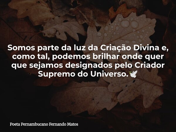 Somos parte da luz da Criação Divina e, como tal, podemos brilhar onde quer que sejamos designados pelo Criador Supremo do Universo.🕊... Frase de Poeta Pernambucano Fernando Matos.