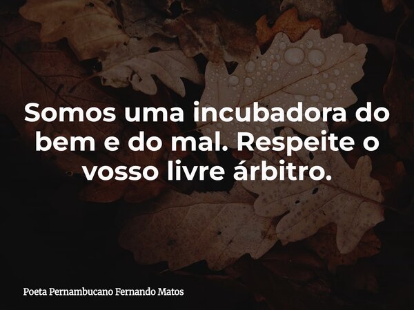 Somos uma incubadora do bem e do mal. Respeite o vosso livre árbitro.... Frase de Poeta Pernambucano Fernando Matos.