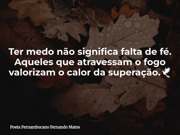 Ter medo não significa falta de fé. Aqueles que atravessam o fogo valorizam o calor da superação.🕊... Frase de Poeta Pernambucano Fernando Matos.