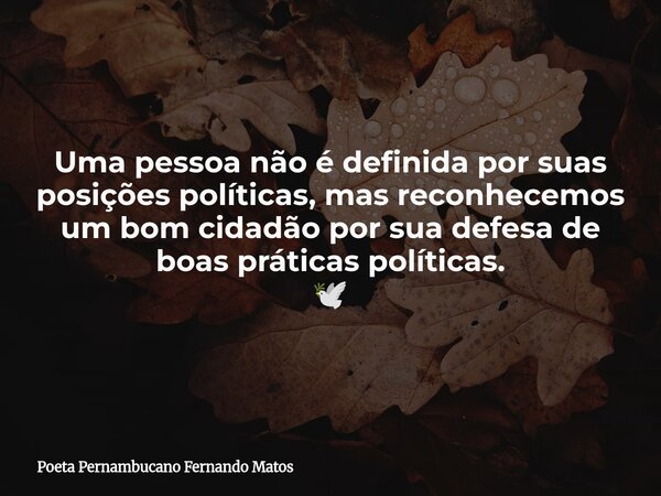 Uma pessoa não é definida por suas posições políticas, mas reconhecemos um bom cidadão por sua defesa de boas práticas políticas. 🕊... Frase de Poeta Pernambucano Fernando Matos.