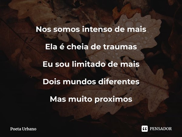 Nos somos intenso de mais Ela é cheia de traumas Eu sou limitado de mais Dois mundos diferentes Mas muito proximos... Frase de Poeta Urbano.