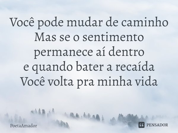 Você pode mudar de caminho
Mas se o sentimento permanece aí dentro
e quando bater a recaída
Você volta pra minha vida
⁠... Frase de PoetaAmador.