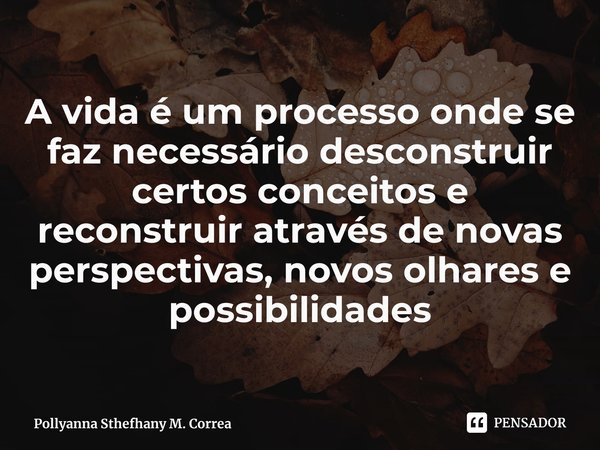 ⁠A vida é um processo onde se faz necessário desconstruir certos conceitos e reconstruir através de novas perspectivas, novos olhares e possibilidades... Frase de Pollyanna Sthefhany M. Correa.