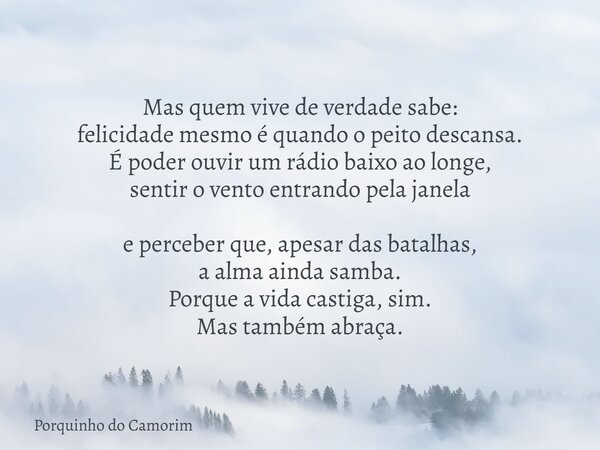 Mas quem vive de verdade sabe: felicidade mesmo é quando o peito descansa. É poder ouvir um rádio baixo ao longe, sentir o vento entrando pela janela e perceber... Frase de Porquinho do Camorim.