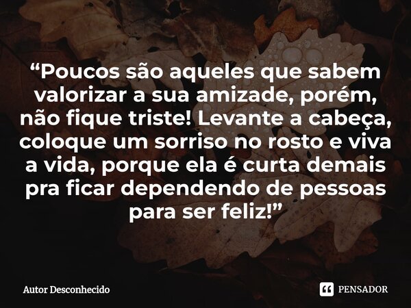 ⁠“Poucos são aqueles que sabem valorizar a sua amizade, porém, não fique triste! Levante a cabeça, coloque um sorriso no rosto e viva a vida, porque ela é curta... Frase de Autor desconhecido.