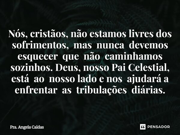 Nós, cristãos, não estamos livres dos sofrimentos, mas nunca devemos esquecer que não caminhamos sozinhos. Deus, nosso Pai Celestial, está ao nosso lado e nos ... Frase de Pra. Angela Caldas.