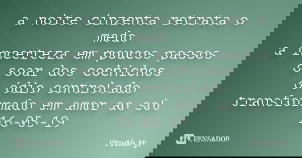 a noite cinzenta retrata o medo a incerteza em poucos passos o soar dos cochichos o ódio controlado transformado em amor ao sol 16-05-19... Frase de Prado Jr.